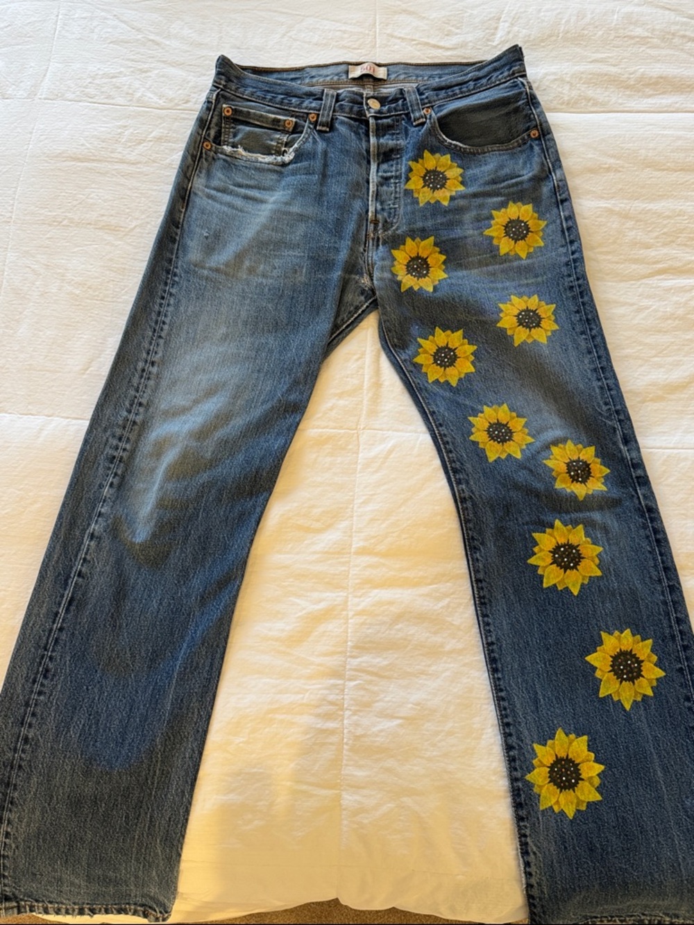 Vintage Levi’s Classic Blue Denim Jeans with hand painted Yellow Sunflower Print